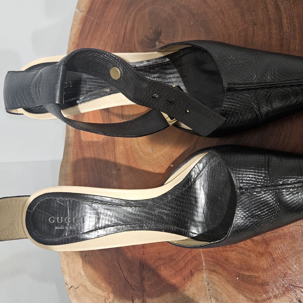 Gucci Black Heeled Ankle Straps Shoes with Leather Finish